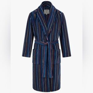New John Christian Men's Dressing Gown in Warm Fleece, Navy Multi Stripe Size L